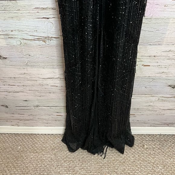 Fully beaded Evening gown black fringe NWT bridal size 12 - Picture 2 of 10
